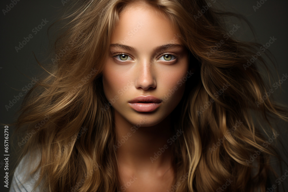 Generative Ai portrait of young pretty woman natural beauty brown volume hairstyle on background Generative Ai portrait of young pretty woman natural beauty brown volume hairstyle on background