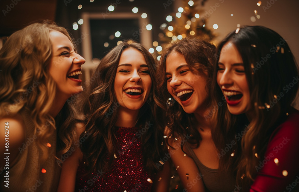 Group of girlfriends at a Christmas party having fun and celebrating Christmas. Portrait of laughing friends enjoying xmas lights at new year party happy