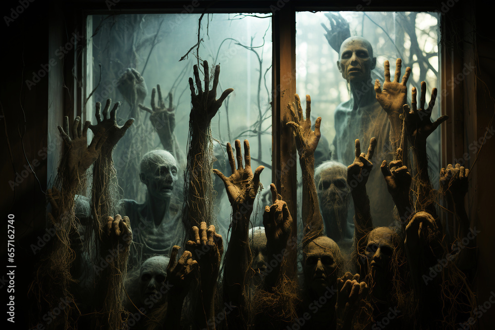 A group of zombies reaching out of a window. Halloween concept.