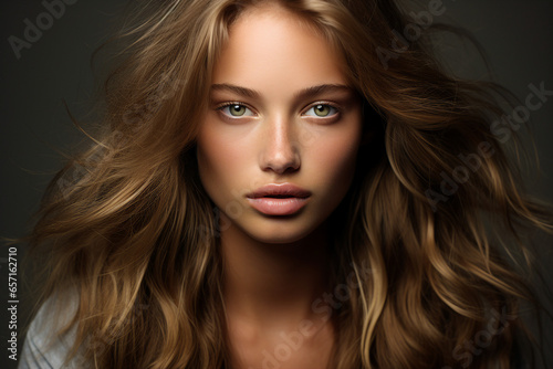 Generative Ai portrait of young pretty woman natural beauty brown volume hairstyle on background