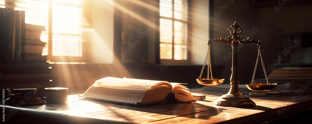 nternational human rights day concept: Wooden judge gavel with scales on the library,
Gold brass balance scale, weight balance, imbalance scale  wooden desks,
 Law and Justice concept - obrazy, fototapety, plakaty 