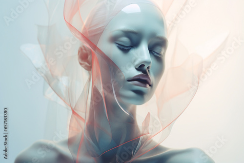 Beauty, make-up and fashion concept. Futuristic and minimalist close-up beautiful woman portrait. Bright model face with sci-fi transparent material on it. Generative AI