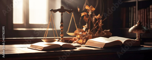 nternational human rights day concept: Wooden judge gavel with scales on the library,
Gold brass balance scale, weight balance, imbalance scale  wooden desks,
 Law and Justice concept photo