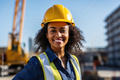 Portrait of young female construction worker in the city