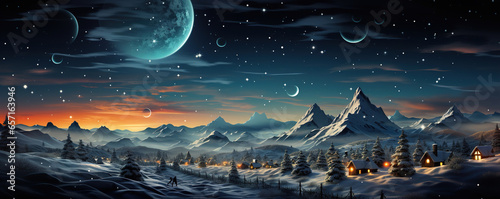 Photo of a serene snowy mountain landscape illuminated by the light of a full moon on Christmas © Degimages