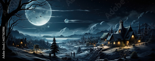 Photo of a serene snowy mountain landscape illuminated by the light of a full moon on Christmas