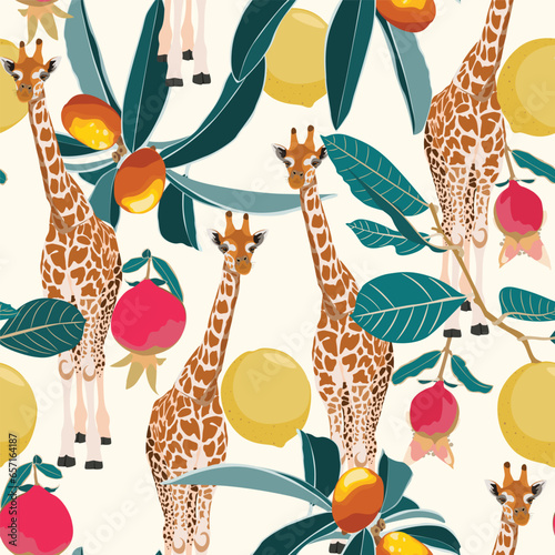 Head giraffe with tropical green leaves and fruits. Cartoon exotic seamless illustration repeating pattern on vintage light yellow background. Floral wallpaper.