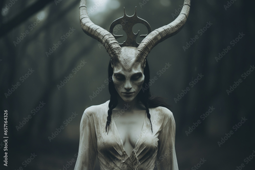 Horror, fantasy, sci-fi, culture and religion, make-up concept. Evil and demonic looking woman with horns and make-up horror and fantasy portrait. Dark moody background. Generative AI Horror, fantasy, sci-fi, culture and religion, make-up concept. Evil and demonic looking woman with horns and make-up horror and fantasy portrait. Dark moody background. Generative AI
