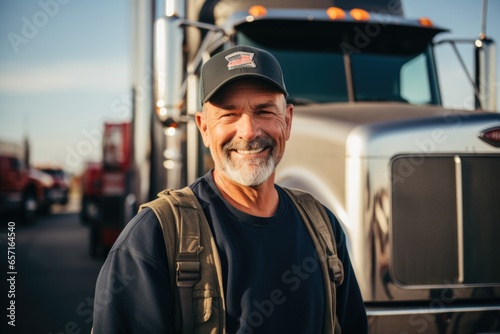 Portrait of a middle aged truck driver posing in front of his truck