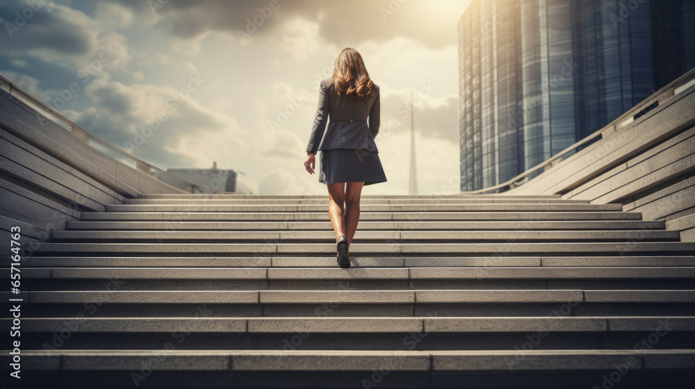 Businesswoman climbing stairs, back view Businesswoman climbing stairs, back view