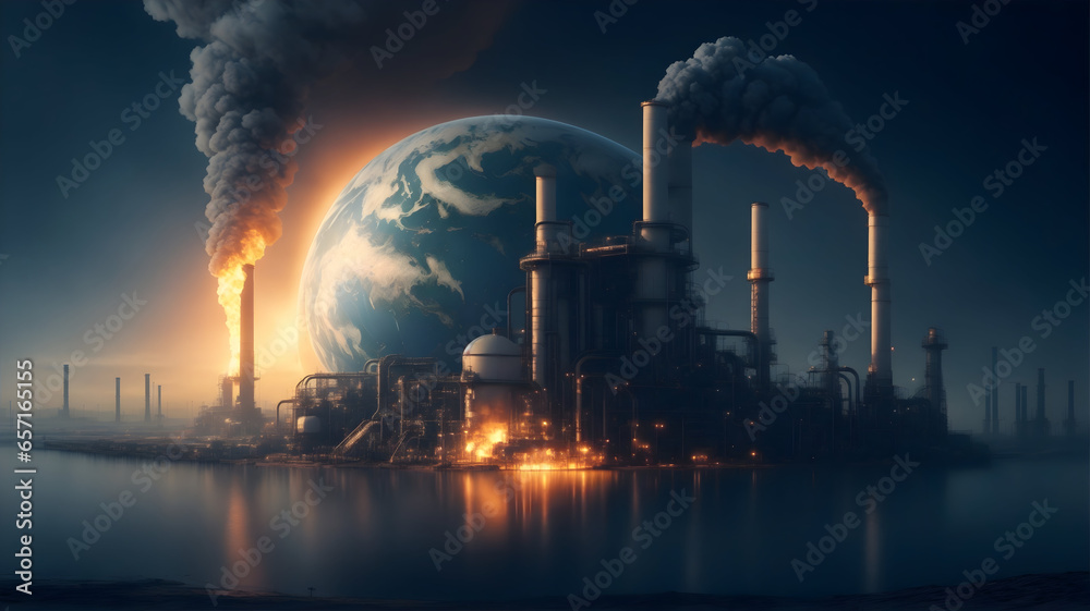 Earth burning, a concept of global warming related to industrialization. 