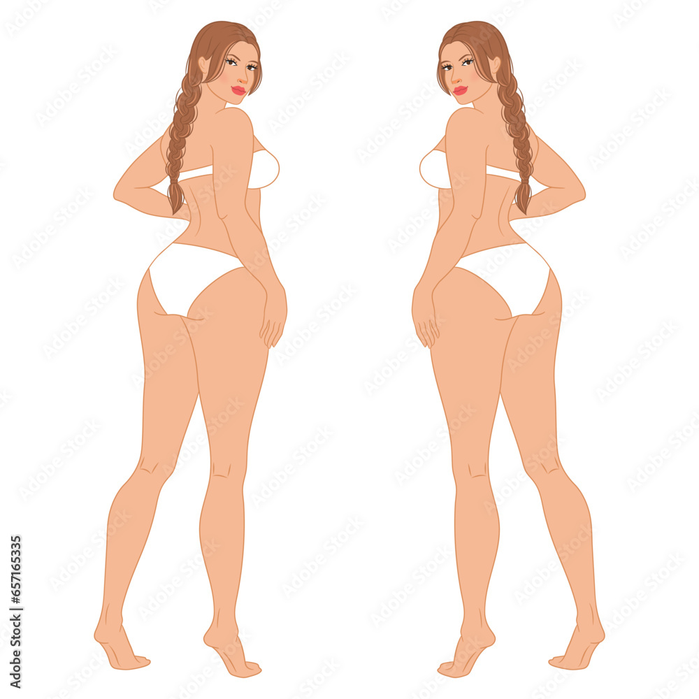 Plus size female fashion figure posing, back view, vector template. Beautiful curvy woman body vector illustration. Female colored croquis with face and braid hair. Plus size female fashion figure posing, back view, vector template. Beautiful curvy woman body vector illustration. Female colored croquis with face and braid hair.