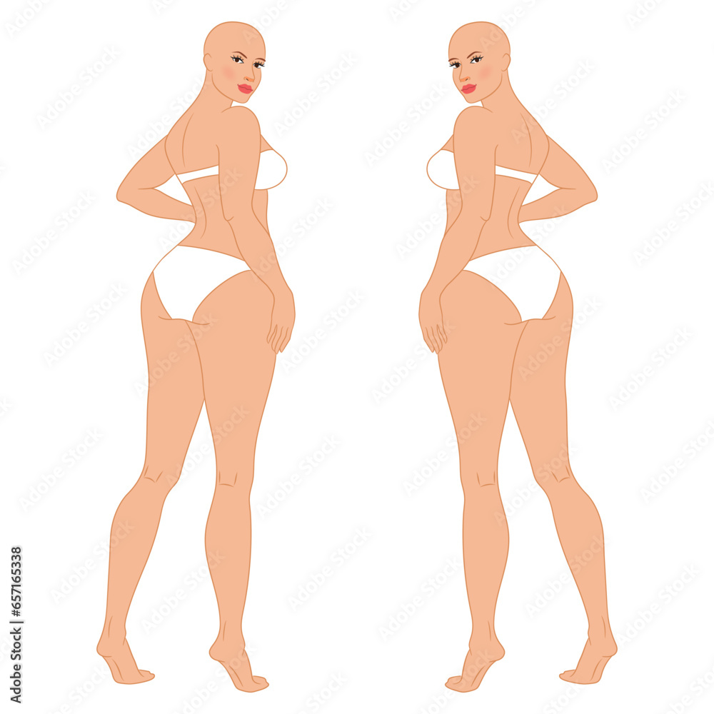 Plus size female fashion figure posing, back view, vector template. Beautiful curvy woman body vector illustration. Female colored croquis. Plus size female fashion figure posing, back view, vector template. Beautiful curvy woman body vector illustration. Female colored croquis.