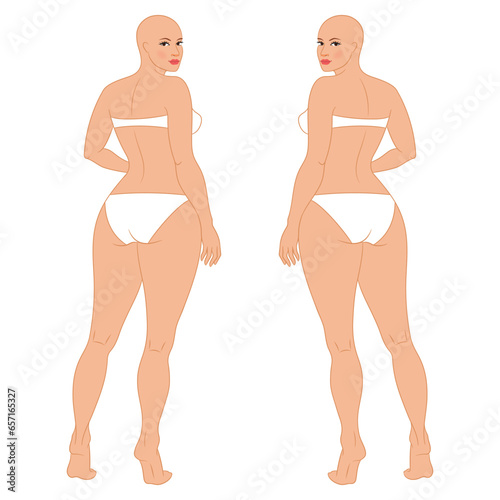 Plus size female fashion figure posing, back view, vector template. Beautiful curvy woman body vector illustration. Female colored croquis. 