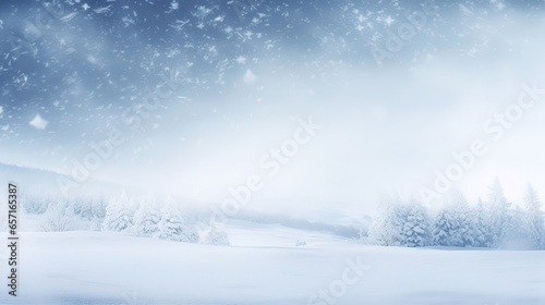 Snowy forest with snow-covered trees, fog, snowflakes © IonelV