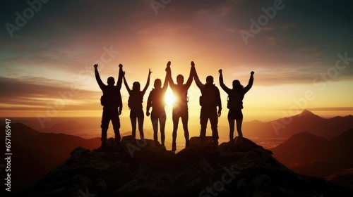Silhouette of team stand and feel happy on the most hight at the mountain on sunset, success, leader, teamwork, target, Aim, confident, achievement, goal, on plan, finish, generate by AI