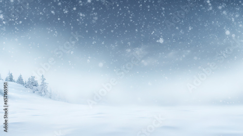 Snowy forest with snow-covered trees, fog, snowflakes
