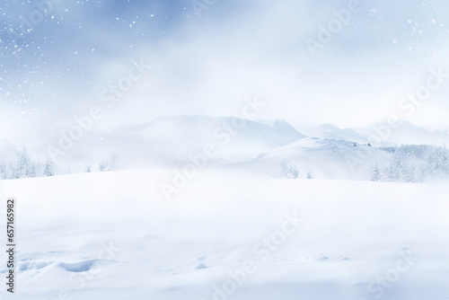 Snowy forest with snow-covered trees, fog, snowflakes