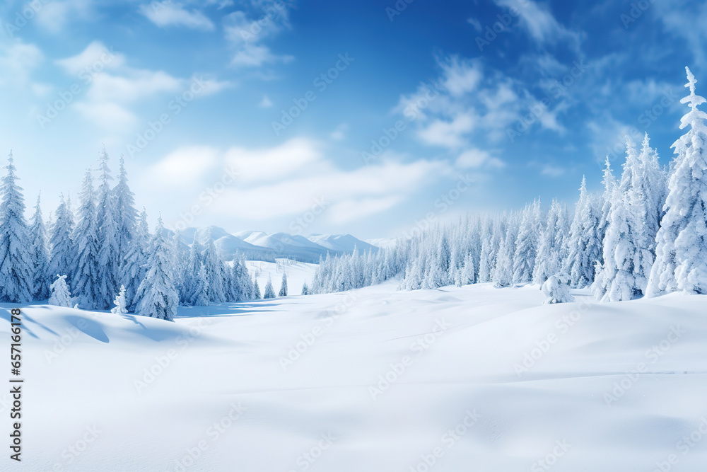 Snowy landscape with snow-covered trees and mountains, blue sky and the sun is shining