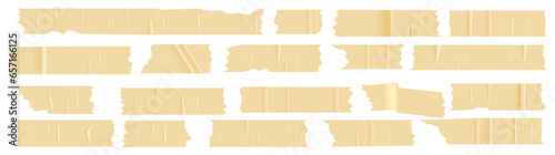 A set of plastic beige pieces of torn scotch tape. Trendy elements for designs with realistic texture. Vector patches on white background
