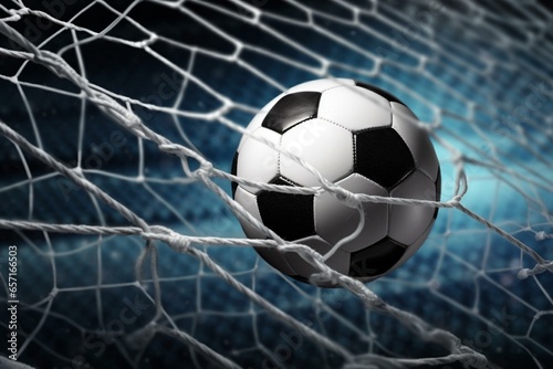Soccer ball on goal net. Generative AI