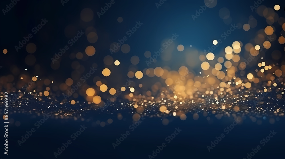 Abstract background with Dark blue and gold particles. Christmas Golden Light shining particles both on a navy blue background. Gold foil texture. Holiday concept.