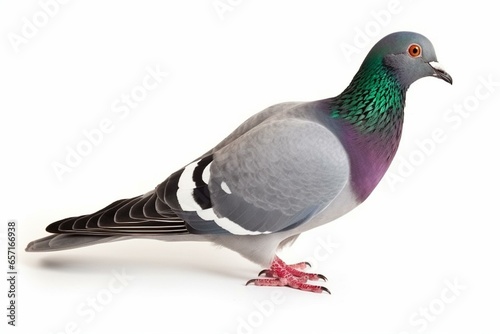 Isolated full-body racing pigeon on white background. Generative AI