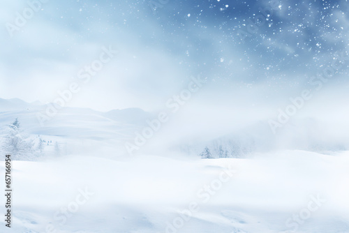Snowy forest with snow-covered trees, fog, snowflakes © Beastly