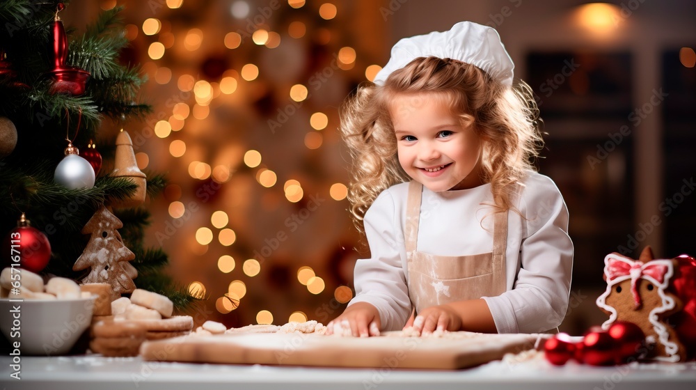 Merry Christmas and happy holidays. Cute little girl in chef hat making cookies in the kitchen at home Merry Christmas and happy holidays. Cute little girl in chef hat making cookies in the kitchen at home