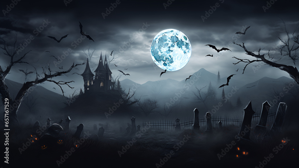 A Halloween banner with a graveyard, castle, and spooky night atmosphere. Include a full moon, bats, and a dead tree for a creepy vibe. The banner is great for holiday events and Halloween background