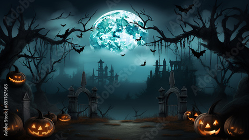 A Halloween banner with a graveyard, castle, and spooky night atmosphere. Include a full moon, bats, and a dead tree for a creepy vibe. The banner is great for holiday events and Halloween background