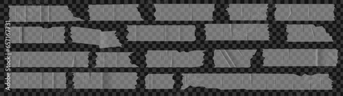 A set of plastic clear pieces of torn scotch tape. Trendy elements for designs with realistic texture. Vector patches on transparent background like png.