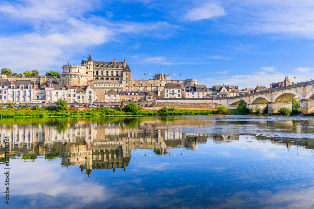 Amboise, France. The walled town and Chateau of Amboise reflected in the River Loire.