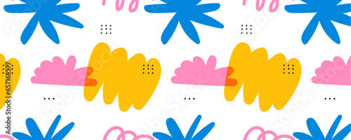 trendy children pattern with organic blob shapes and natural objects. Bright colors with an overlay. Drawing with marker or riso print. Vecto illustration in pink and blue and yellow and white colors