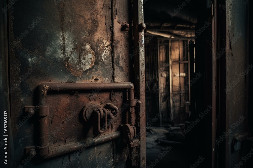 Closeup of a locked rusty door in a dark prison interior. Generative AI