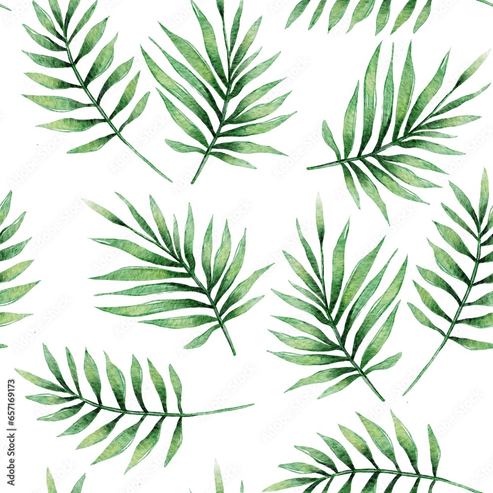 Tropical botany palm leaves watercolor drawing seamless pattern. Jungle exotic paradise leaf background