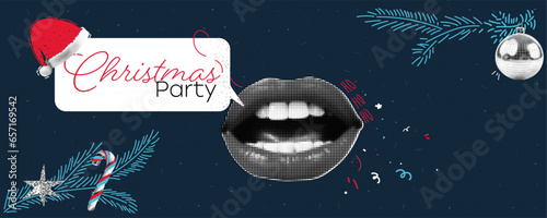 Christmas themed postcard. With a womans mouth open and a speech bubble. Christmas party invitation banner with doodles, Christmas tree and lollipop. Vector modern illustration.