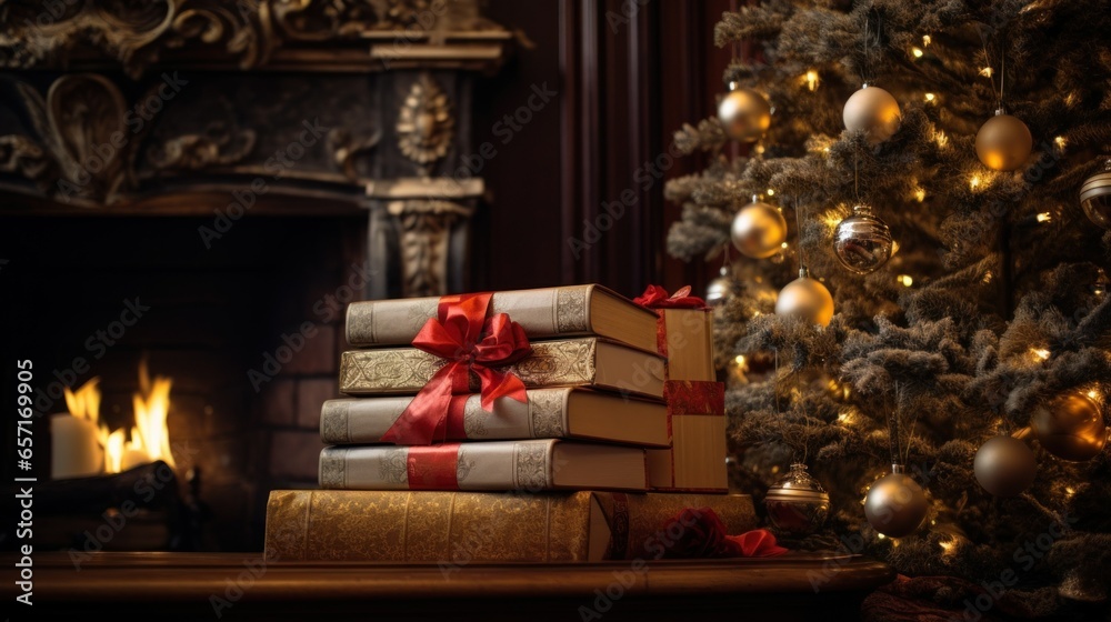 Festive Reads, Christmas Books For All The Family. Best Holiday and Christmas Books for Adults kids. Many books near Christmas tree at cozy home lights at night