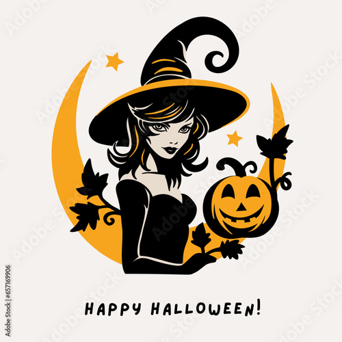 Young charming witch woman face with a moon and pumpkin in a hat Halloween silhouette portrait, vector party card print illustration