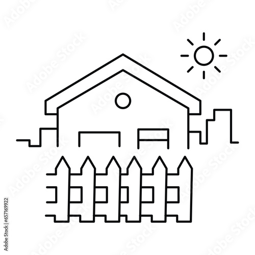House with a Fence Icon. Secured Living, Home Comfort. The house with a fence icon represents secured living and the comfort of a private home environment Icon