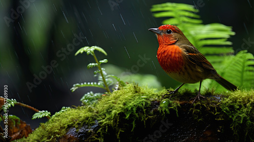 a red elegent chrysolophus pictus standing on the snow and under green plants