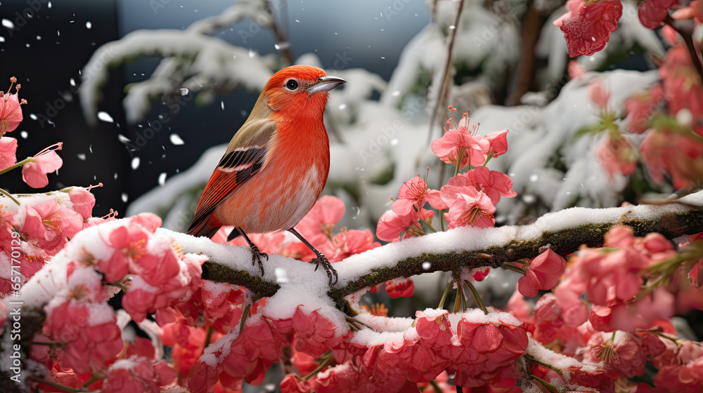 a red elegent chrysolophus pictus standing on the snow and under green plants a red elegent chrysolophus pictus standing on the snow and under green plants