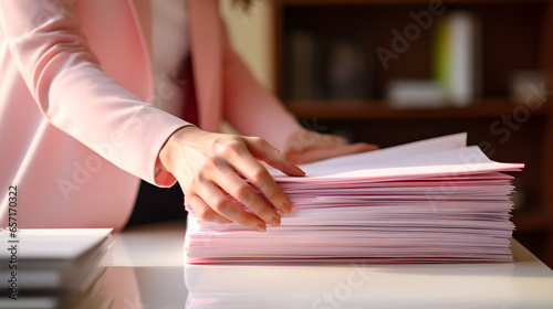 Businesswoman hands working in Stacks of paper files for searching information on work desk in office, business report papers, Generative AI