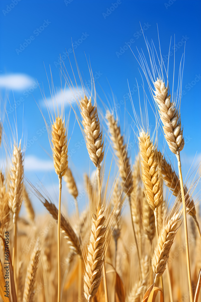 close up barley ears in golden field with blue sky, Generative AI close up barley ears in golden field with blue sky, Generative AI