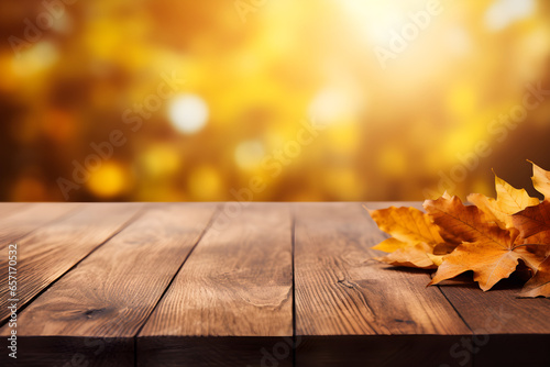 Empty wood table top with on blurred autumn leaves, for display or montage your products, Generative AI