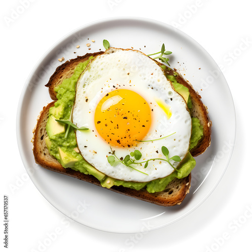 Delicious Plate of Avocado Toast with a Fried Egg Isolated on White background, Generative AI