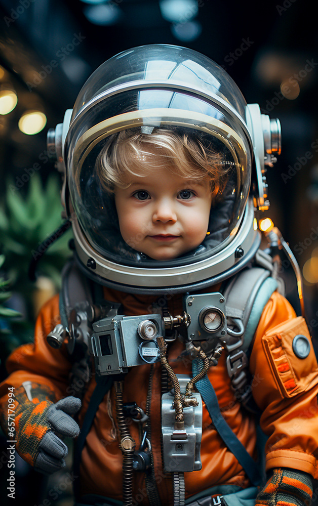 An adorable and cute little astronaut in uniform and helmet