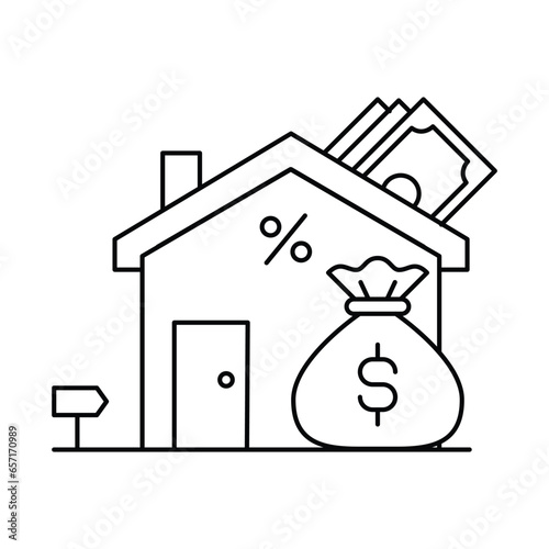 The mortgage icon with a house and a money bag signifies mortgage solutions and options for home financing Icon