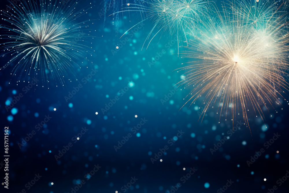 Fototapeta premium Fireworks at New Year with copy space on blue background