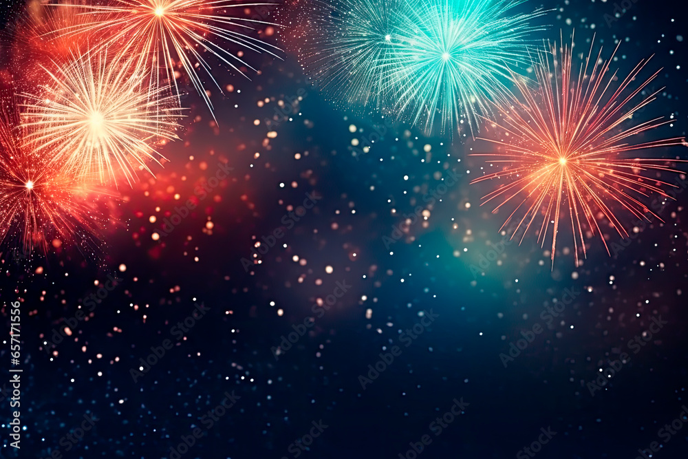 Naklejka premium Fireworks at New Year with copy space on blue background